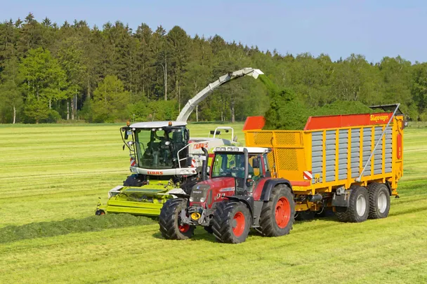 Grasernte mit Claas-Häcksler und Fendt-Traktor