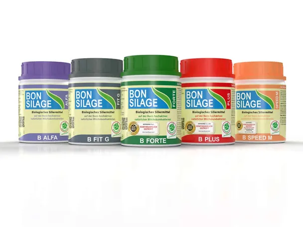Gruppenbild der Dosen von B bonsilage Siliermitteln